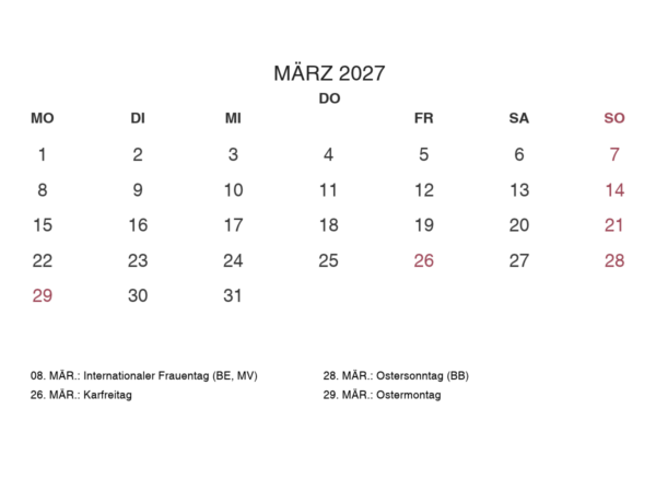 Kalender 2027 PDF