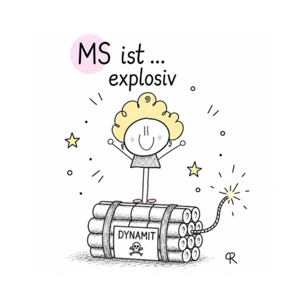 Postkarte &bdquo;MS ist &hellip; explosiv&ldquo; mit selbst gestalteter Sketchnote &uuml;ber das Leben mit Multipler Sklerose.