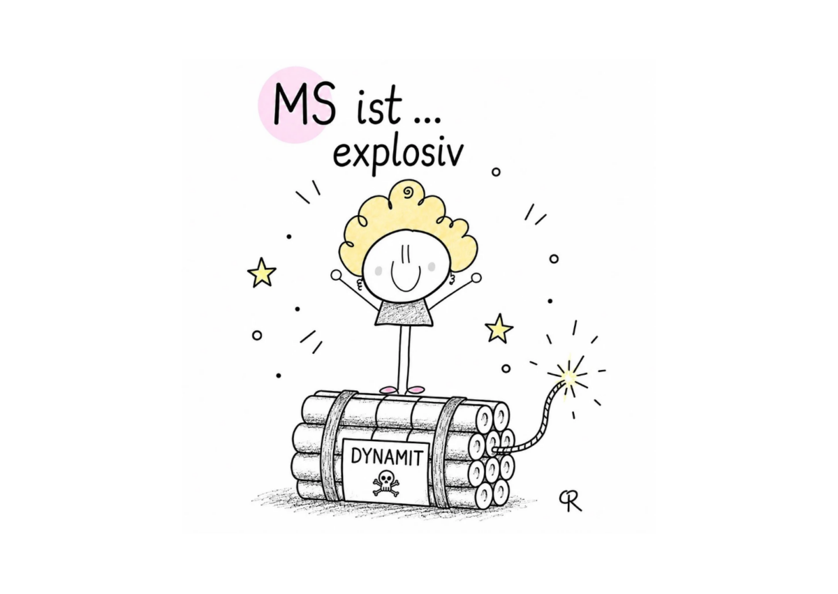 Postkarte „MS ist … explosiv“ mit selbst gestalteter Sketchnote über das Leben mit Multipler Sklerose.