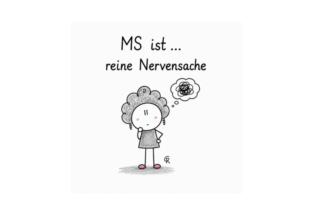Postkarte „MS ist … reine Nervensache“ mit selbst gezeichneter Sketchnote zum Thema Multiple Sklerose