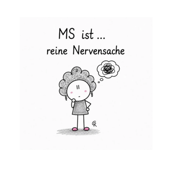 Postkarte „MS ist … reine Nervensache“ mit selbst gezeichneter Sketchnote zum Thema Multiple Sklerose
