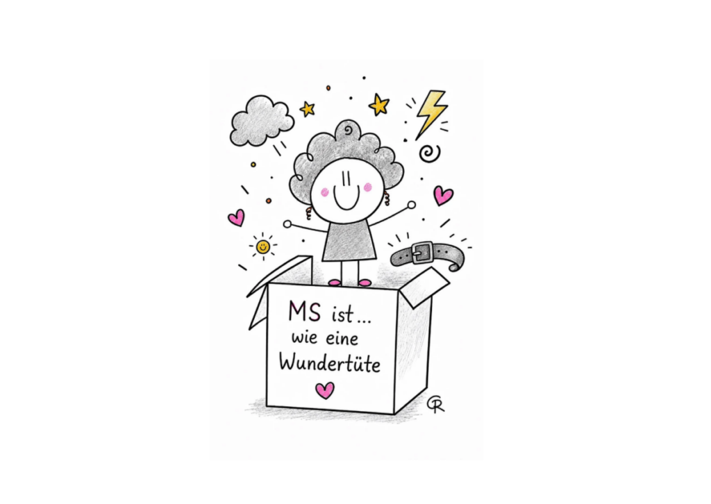 Postkarte „MS ist … wie eine Wundertüte“ mit gezeichneter Figur in einer offenen Schachtel