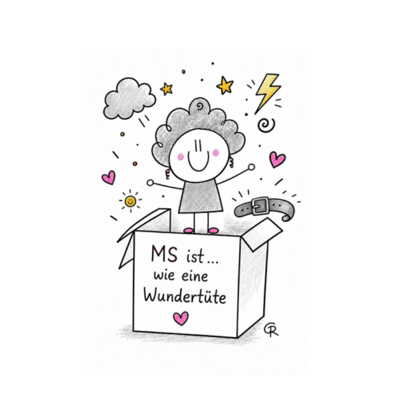 Postkarte &bdquo;MS ist &hellip; wie eine Wundert&uuml;te&ldquo; mit gezeichneter Figur in einer offenen Schachtel